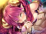  1girl armodias blush breasts censored demon_girl demon_horns ear_ornament elbow_gloves eyes_closed game_cg gloves grimoire_no_shisho horns long_hair marushin_(denwa0214) penis pink_hair pointy_ears scarf succubus 