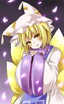  blonde_hair fox_tail hands_clasped multiple_tails open_mouth own_hands_together petals short_hair simple_background smile tabard tail tamichan touhou yakumo_ran yellow_eyes 