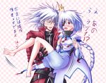  1girl blazblue blush carrying eyepatch koromia nu-13 princess_carry ragna_the_bloodedge red_eyes silver_hair translation_request 