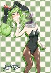  absurdres anger_vein animal_ears bare_shoulders black_legwear blush bunny_ears bunnysuit checkered checkered_background dullahan green_hair highres inutokage long_hair looking_at_viewer monster_girl original pantyhose solo twintails wrist_cuffs yellow_eyes 