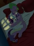  bed blush cuddling cutie_mark dragon equine eyes_closed eyeshadow fangs female feral friendship_is_magic hooves horn horse horse_tail hug lying makeup male mammal muscles my_little_pony pia-sama pillow pony rarity_(mlp) sleeping smile spade_tail spike_(mlp) unicorn 