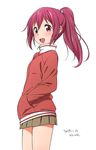  cowboy_shot free! hands_in_pockets happy jacket kanya_pyi long_hair matsuoka_gou ponytail red_eyes red_hair skirt solo standing track_jacket white_background 