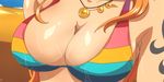  1girl animated animated_gif bikini bikini_top breasts cleavage close-up collar large_breasts long_hair lowres nami nami_(one_piece) one_piece one_piece_film_z orange_hair solo swimsuit tatoo tattoo wet 