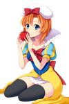  apple black_legwear blue_eyes bow cosplay dress food fruit hat high_collar highres higurashi_no_naku_koro_ni orange_hair puffy_sleeves ryuuguu_rena sitting smile snow_white_(disney) snow_white_(disney)_(cosplay) snow_white_and_the_seven_dwarfs thighhighs transparent_background uzu_hi yokozuwari 