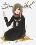  antlers autumn_leaves brown_eyes brown_hair original scarf school_uniform serafuku solo sticks yukimori_nene 