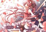  bad_id bad_pixiv_id bare_shoulders black_legwear chain food hair_ribbon long_hair looking_at_viewer mahou_shoujo_madoka_magica open_mouth petals pocky polearm ponytail red_eyes red_hair ribbon sakura_kyouko skirt smile solo spear thighhighs transistor very_long_hair weapon 