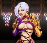  1girl antuniey_moacir_teodoro blue_eyes breasts choker earrings finger_to_mouth fingerless_gloves freckles gauntlets gloves highres isabella_valentine jewelry large_breasts lips looking_at_viewer navel short_hair solo soul_calibur soulcalibur_iv underboob very_short_hair white_hair 