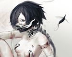  bandages bare_shoulders black_hair bleeding blood bloody_bandages blue_eyes breasts collarbone face_mask injury mask mechanical_parts original pasties short_hair simple_background sitting slit_pupils small_breasts solo tmt white_skin 