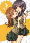  anchor bangs black_hair blunt_bangs blush braid brown_eyes brown_hair girotin_ginza hug kantai_collection kitakami_(kantai_collection) long_hair looking_at_viewer multiple_girls ooi_(kantai_collection) open_mouth pleated_skirt school_uniform serafuku skirt smile v 