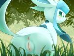  3sthrees alternate_version_at_source anus blue_body blush butt clitoris eeveelution female glaceon grass hi_res leaf nintendo nude pok&eacute;mon pok&eacute;mon_(species) presenting presenting_hindquarters pussy raised_tail solo video_games 
