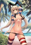  anchor bad_id bad_pixiv_id beach black_panties blonde_hair breasts bush elbow_gloves gloves green_eyes hair_ornament highres kantai_collection long_hair looking_at_viewer medium_breasts open_clothes panties qbspdl shimakaze_(kantai_collection) smile striped striped_legwear thighhighs underwear 