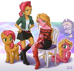 applejack_(eg) babs_seed_(eg) babs_seed_(mlp) blonde_hair boots chair clothing cousins cowboy_hat cutie_mark duo equestria_girls equine female feral freckles friendship_is_magic green_eyes hair hat high_heels horse human knee_boots knee_high_boots laced_boots mammal my_little_pony piercing plaid plaid_skirt pony red_hair shirt sitting skirt sunflower tears two_tone_hair uotapo upset 