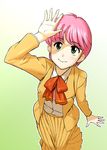  :&gt; g-tetsu green_eyes high_school!_kimengumi kawa_yui oldschool pink_hair school_uniform short_hair skirt smile solo 