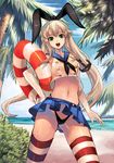  absurdres anchor beach black_panties blonde_hair blush cloud day elbow_gloves gloves green_eyes hair_ornament highres innertube kantai_collection long_hair looking_at_viewer navel open_mouth outdoors palm_tree panties qbspdl shimakaze_(kantai_collection) skirt sky smile solo striped striped_legwear thighhighs tree underwear white_gloves 