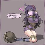  @_@ ahoge al_bhed_eyes alternate_breast_size ball_and_chain_restraint bdsm bondage bound breasts cloth_gag crotch_rope gag gagged hairband heart hex_maniac_(pokemon) highres improvised_gag jam-orbital kneeling large_breasts long_hair messy_hair over_the_nose_gag pokemon purple_eyes purple_hair rope simple_background socks solo 