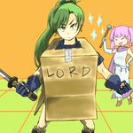  bad_id bad_pixiv_id box cardboard_box cardboard_box_gundam clenched_hands earrings fingerless_gloves fire_emblem fire_emblem:_rekka_no_ken gloves green_eyes green_hair high_ponytail jewelry long_hair lyndis_(fire_emblem) maru_(itukitann) meme multiple_girls parody pink_hair serra shawl short_twintails solo_focus sword twintails wand weapon 