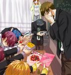  5boys amakata_miho birthday blazer blush bowing cake camera covering_mouth danshi_koukou_valentine fish food free! green_eyes hazuki_nagisa jacket matsuoka_gou matsuoka_rin multiple_boys multiple_girls nanase_haruka_(free!) necktie ryuugazaki_rei school_uniform tachibana_makoto 