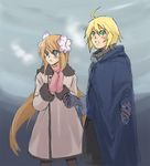  1girl artist_request blonde_hair blue_eyes brown_hair coat emil_castagnier flower gloves green_eyes hair_ornament long_hair marta_lualdi tales_of_(series) tales_of_symphonia tales_of_symphonia_knight_of_ratatosk 