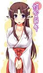  animal_ears blush breasts brown_hair cleavage copyright_request covered_nipples cow_ears cow_girl hakama hands_together horns japanese_clothes kawase_seiki large_breasts long_hair looking_at_viewer miko new_year purple_eyes red_hakama smile solo 
