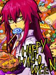  artist_request cake candy checkerboard_cookie chocolate cookie food gingerbread_man glasses green_eyes halloween happy_halloween lollipop male_focus mouth_hold orange_background red_hair richter_abend solo sweets swirl_lollipop swiss_roll tales_of_(series) tales_of_symphonia tales_of_symphonia_knight_of_ratatosk 
