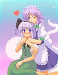  blue_eyes blush hairband harukatron heart hitodama hug izayoi_sakuya konpaku_youmu konpaku_youmu_(ghost) maid multiple_girls one_eye_closed ribbon short_hair silver_hair touhou 