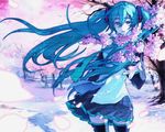  bad_id bad_pixiv_id cherry_blossoms detached_sleeves hatsune_miku kaburaya long_hair necktie skirt solo thighhighs twintails vocaloid wind 