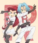  1girl artist_request blue_eyes blue_hair clothes_writing couple fang green_eyes hair_slicked_back hetero kojirou_(pokemon) long_hair lowres musashi_(pokemon) pokemon pokemon_(anime) red_hair short_hair skirt team_rocket thighhighs 