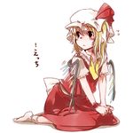  :&lt; black_eyes blonde_hair dress flandre_scarlet hat kneeling pointy_ears short_hair socks solo staring takishima_asaka touhou wings wrist_cuffs 