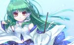  detached_sleeves gohei green_hair kochiya_sanae kurudaz long_hair midriff orange_eyes snake solo touhou 