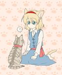  ? alice_margatroid animal_ears barefoot blonde_hair blue_eyes blush cat cat_ears cat_tail hairband short_hair sitting solo tail torinone touhou 