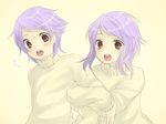  1girl anew_returner bad_id bad_pixiv_id blush gundam gundam_00 open_mouth purple_hair red_eyes retoro revive_revival sweater 