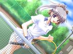  akusawa_nanami chocolate_days dutch_angle game_cg jpeg_artifacts long_hair mizuno_makoto_(artist) non-web_source ponytail purple_eyes racket silver_hair solo sportswear tennis_racket tennis_uniform wristband 