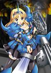  blonde_hair blue_eyes breasts cleavage dress fire frills gatling_gun gouf gouf_custom gun gundam gundam_08th_ms_team huge_weapon long_hair maid_headdress mecha_musume small_breasts solo sword thighhighs weapon zixia_(msl) 