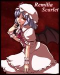  ascot bat_wings brooch character_name gem hat jewelry long_hair looking_at_viewer mob_cap negija red_background red_eyes remilia_scarlet short_hair silver_hair simple_background solo touhou vampire wings wrist_cuffs 