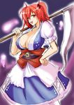  breasts cleavage hair_bobbles hair_ornament huge_breasts onozuka_komachi open_mouth red_eyes red_hair scythe solo touhou two_side_up yasakani_an 