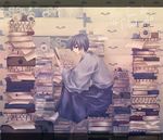  bad_id bad_pixiv_id blue_hair book book_stack english japanese_clothes kaito letterboxed male_focus reading scroll sitting socks solo tonoshiro vocaloid 