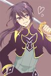  alternate_costume alternate_hairstyle left-handed long_hair male_focus okmr over_shoulder ponytail smile solo sword tales_of_(series) tales_of_vesperia weapon weapon_over_shoulder yuri_lowell 