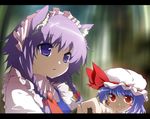  absurdres animal_ears anime_coloring bad_id bad_pixiv_id blue_eyes blue_hair blush blush_stickers braid dog_ears fang highres inu_sakuya izayoi_sakuya kemonomimi_mode letterboxed maid_headdress multiple_girls purple_eyes purple_hair red_eyes remilia_scarlet shimejinameko touhou twin_braids 