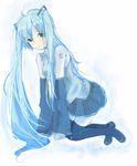  blue_eyes blue_hair detached_sleeves hatsune_miku kneeling long_hair solo thighhighs twintails vocaloid yoshioka_mitsuko 