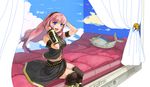  bed bedroom blue_eyes boots breasts curtains detached_sleeves fish headphones large_breasts long_hair megurine_luka microphone midriff navel otosume_ruiko pillow pink_hair room skirt smile solo thighhighs vocaloid zettai_ryouiki 