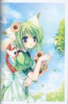  absurdres animal_ears bell blue_eyes cat cat_ears flower green_hair greenwood hair_flower hair_ornament hareko_(greenwood) highres midori_(greenwood) original short_hair solo 