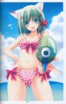  :d absurdres animal_ears bikini blue_eyes cat_ears cloud day green_hair greenwood hair_ribbon highres midori_(greenwood) midriff navel open_mouth original polka_dot polka_dot_bikini polka_dot_swimsuit ribbon short_hair side-tie_bikini sky smile solo swimsuit water_gun zinno 