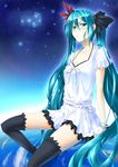  aqua_eyes aqua_hair blush dress feathers hair_ribbon hatsune_miku highres ihara_natsume long_hair ribbon short_dress sky solo star_(sky) starry_sky thighhighs twintails very_long_hair vocaloid world_is_mine_(vocaloid) 