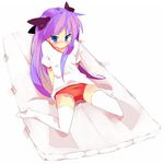  blue_eyes blush buruma gym_uniform hiiragi_kagami kanikama long_hair lucky_star panties panties_under_buruma purple_hair sitting solo thighhighs underwear wariza white_legwear white_panties 