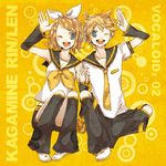  1girl blonde_hair blue_eyes brother_and_sister buzz hair_ornament hairclip holding_hands kagamine_len kagamine_rin necktie one_eye_closed short_hair siblings squatting twins vocaloid waving yellow_neckwear 
