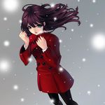  bangs black_legwear blue_eyes breath brown_hair coat copyright_request double-breasted jpeg_artifacts kunishige_keiichi long_hair looking_at_viewer non-web_source pantyhose red_coat red_hair snowing solo standing wind winter 