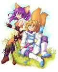  1girl animal_ears blonde_hair boots fingerless_gloves fox_(trickster) fox_ears fox_tail glasses gloves green_eyes knife lion_(trickster) midriff nobody_knows pants purple_eyes purple_hair sitting tail tight tight_pants trickster 