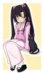  black_hair cat closed_eyes grin hifu invisible_chair japanese_clothes kimono kuhouin_murasaki kure-nai long_hair mirakichi sitting smile solo tabi twintails 