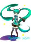  aqua_hair catbell hatsune_miku legs long_hair microphone solo thighhighs twintails very_long_hair vocaloid 