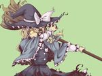  aryus bad_id bad_pixiv_id blonde_hair broom glowing glowing_eyes hat kirisame_marisa mini-hakkero ribbon short_hair solo tongue touhou witch witch_hat yellow_eyes 